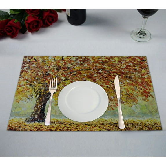GCKG Nature Forest Placemat, Tree of Life with Falling Leaves in Autumn Placemat 12x18 Inch,Set of 2