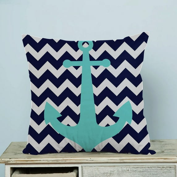 GCKG Navy Blue Chevron with Nautical Anchor Pillow Case Pillow Cover Pillow Protector Two Sides 20 x 20 Inches