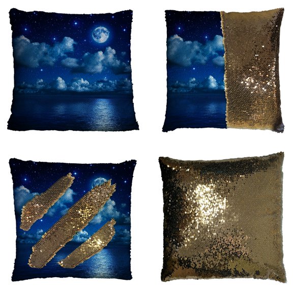GCKG Ocean Pillowcase, Super Moon in Starry Sky with Clouds and Sea Reversible Mermaid Sequin Pillow Case Home Decor Cushion Cover 18x18 inches