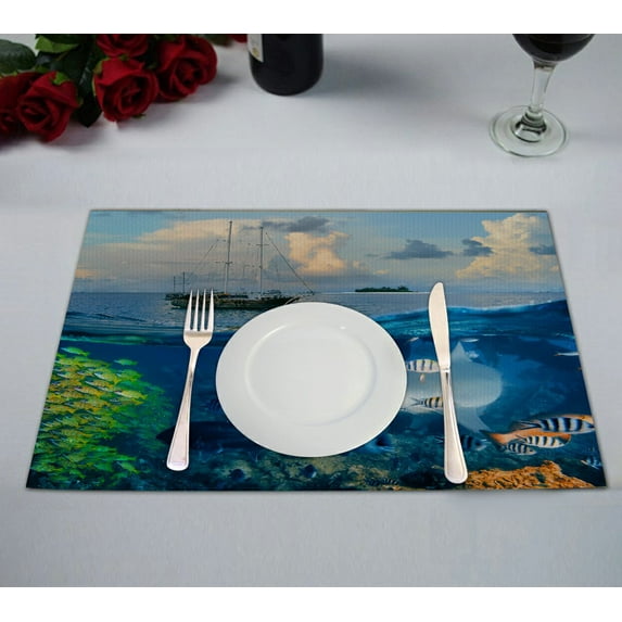 GCKG Ocean Placemat, Shark Fish Reef Underwater World Placemat 12x18 Inch,Set of 2