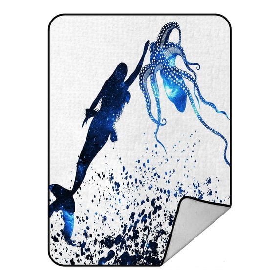 GCKG Octopus and Mermaid Fleece Blanket Crystal Velvet Front and Lambswool Sherpa Fleece Back Throw Blanket 58x80inches