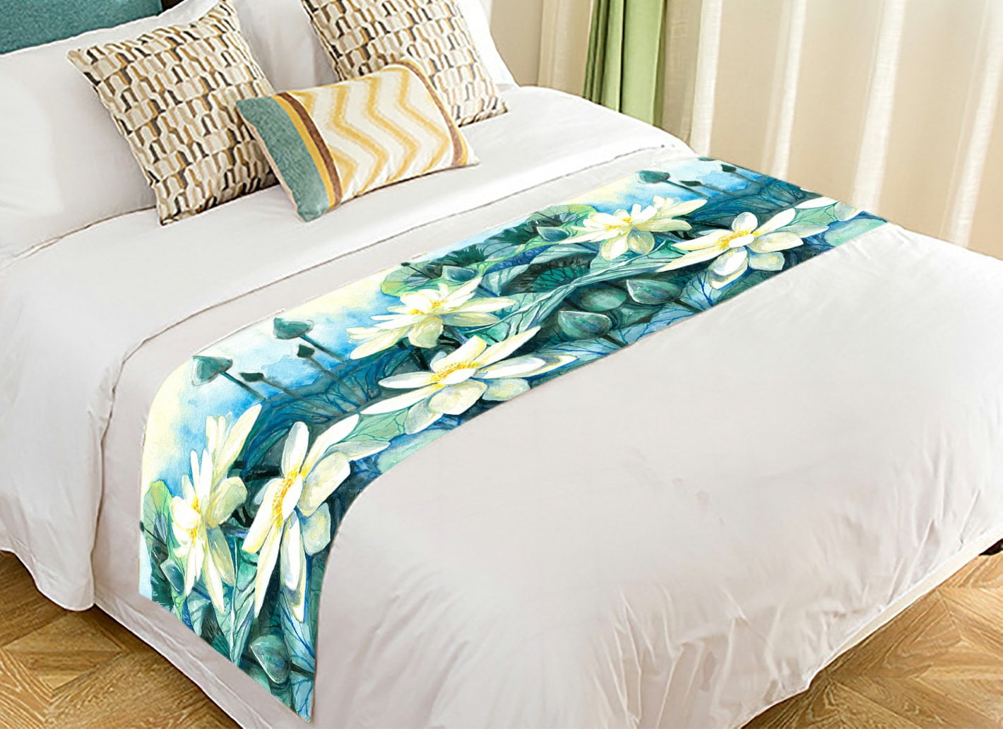 GCKG Oil Painting Floral Bed Runner, White Lotus Flower Bed Runners