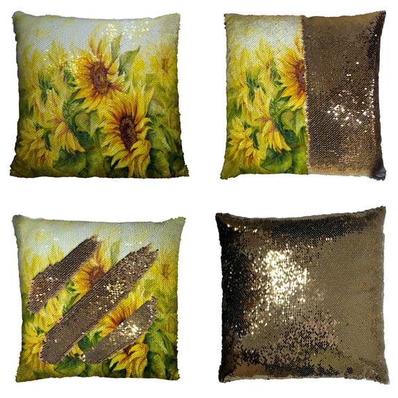 GCKG Oil Painting Pillowcase, Sunny Nature Art Sunflower Sunflowers Landscape Yellow Reversible Mermaid Sequin Pillow Case Home Decor Cushion Cover 16x16 inches