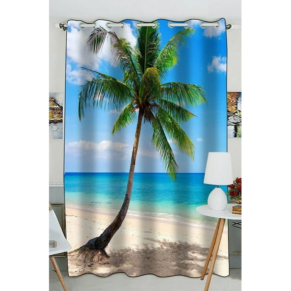 GCKG Palm Emerald Ocean Tropical Coast Beach Sea Window Curtain Kitchen Curtain Size 52(W) x 84 inches (One Piece)