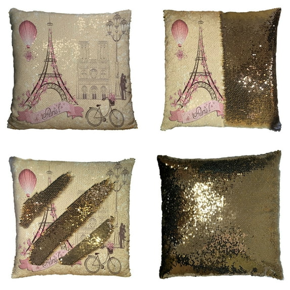 GCKG Paris Symbols and Landmarks Pillowcase, Franch Eiffel Tower City of Love Reversible Mermaid Sequin Pillow Case Home Decor Cushion Cover 16x16 inches