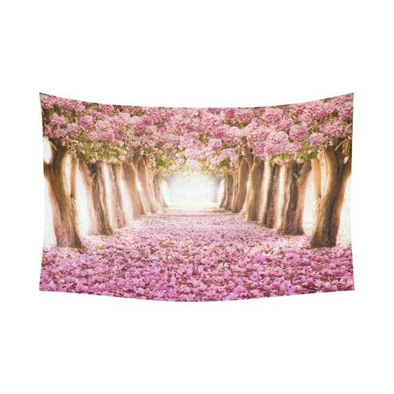 GCKG Pink Sakura Flower Road Japanese Cherry Blossom Tapestry Wall Hanging Tree Forest View Wall Decor Art for Living Room Bedroom Dorm Cotton Linen Decoration 90 x 60 Inches