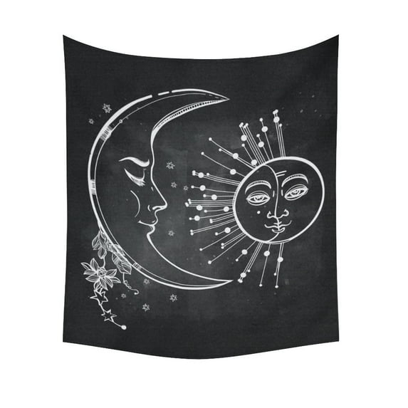 GCKG Romantic Elegant Black and White Sun Moon Stars Tapestry Wall Hanging Vintage Boho Wall Decor Art for Living Room Bedroom Dorm Cotton Linen Decoration 51 x 60 Inches