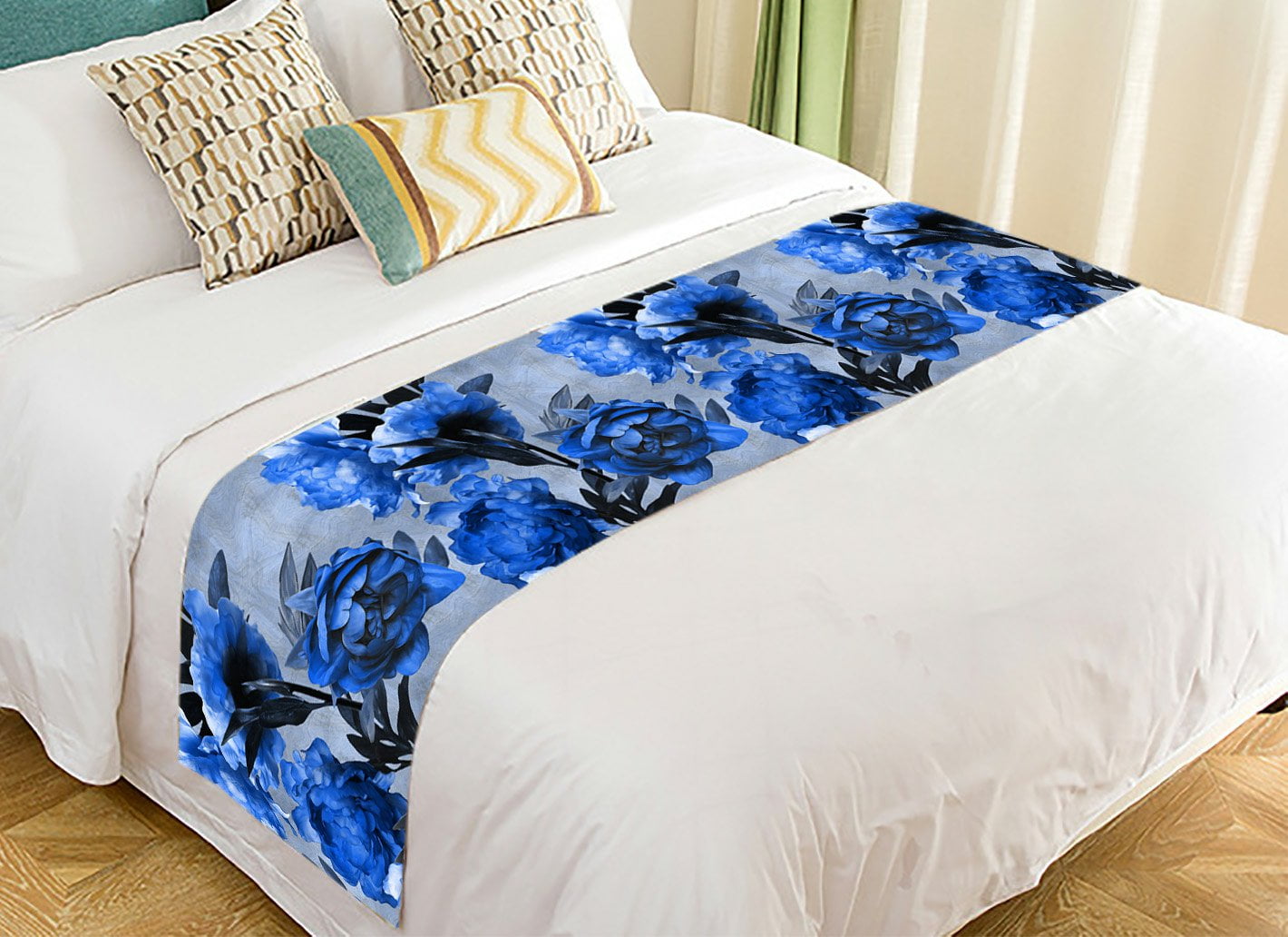 GCKG Roses Bed Runner, Vintage Floral Blue Bed Runners Scarves Bed