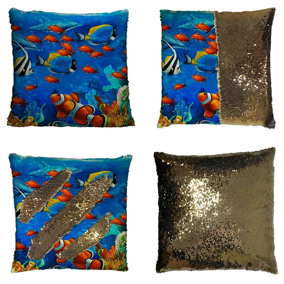 GCKG Sea World Pillowcase,Underwater World Ocean Animals Fish Coral Reversible Mermaid Sequin Pillow Case Home Decor Cushion Cover 20x20 inches