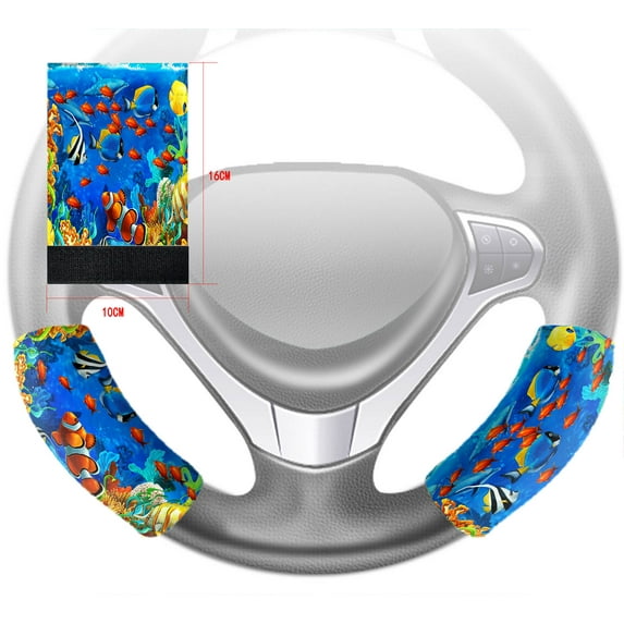 GCKG Sea World Steering Wheel Cover,Underwater World Ocean Animals Fish Coral Steering Wheel Cover Anti-slip Wheel Sleeve Protector Hook and Loop Covers Size 10x16cm Set of 2