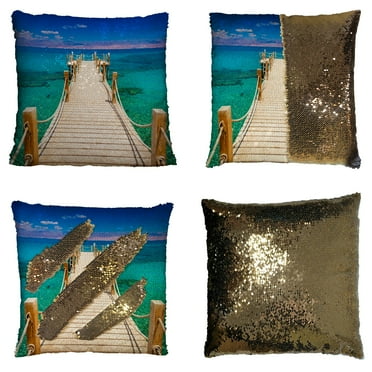GCKG Seascape Pillowcase, Nauitical Ocean with Wooden Bridge Reversible Mermaid Sequin Pillow Case Home Decor Cushion Cover 16x16 inches