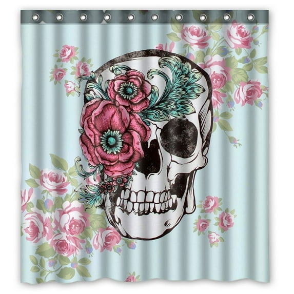 GCKG Skull Flower Bones Waterproof Polyester Shower Curtain and Hooks Size 66x72 inches