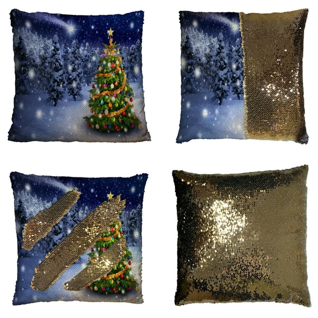 GCKG Snow Tree Scenery Pillowcase, Colorful Merry Christmas Tree with Holiday Presents Reversible Mermaid Sequin Pillow Case Home Decor Cushion Cover 16x16 inches