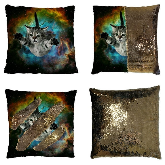 GCKG Space Cat Reversible Mermaid Sequin Pillow Case Home Decor Cushion Cover 18x18 inches