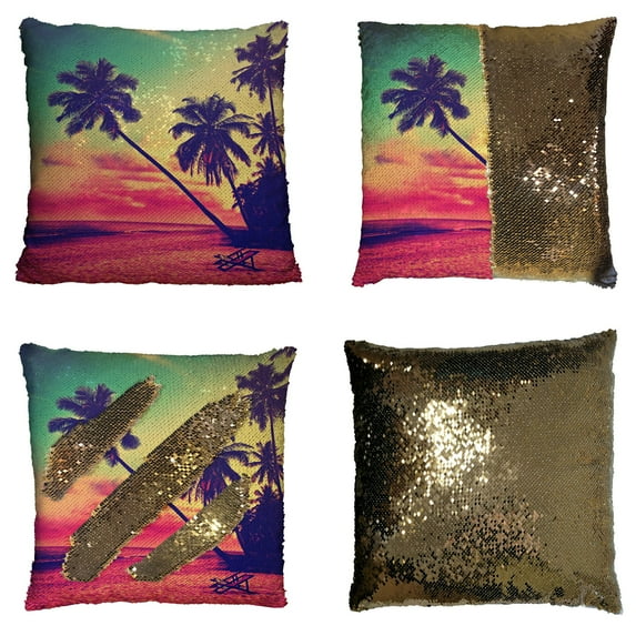 GCKG Summer Holiday Ocean Beach Pillowcase, Tropical Palm Tree Vintage Style Reversible Mermaid Sequin Pillow Case Home Decor Cushion Cover 20x20 inches