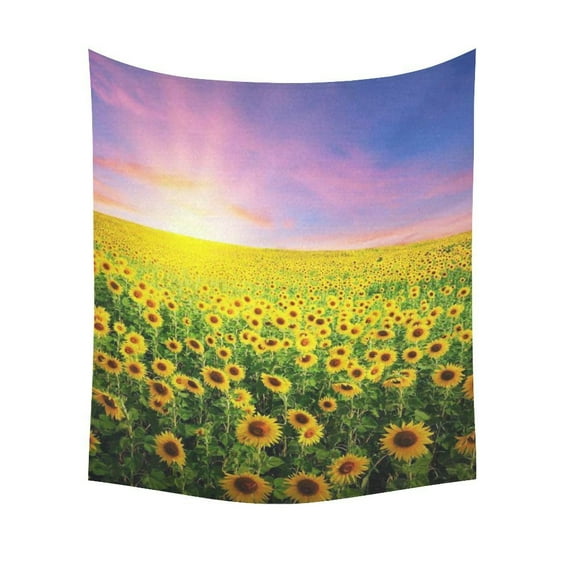 GCKG Sunset Landscape Green Leaves Sunflower Field Tapestry Wall Hanging Yellow Garden Nature Art Wall Decor Art for Living Room Bedroom Dorm Cotton Linen Decoration 51 x 60 Inches
