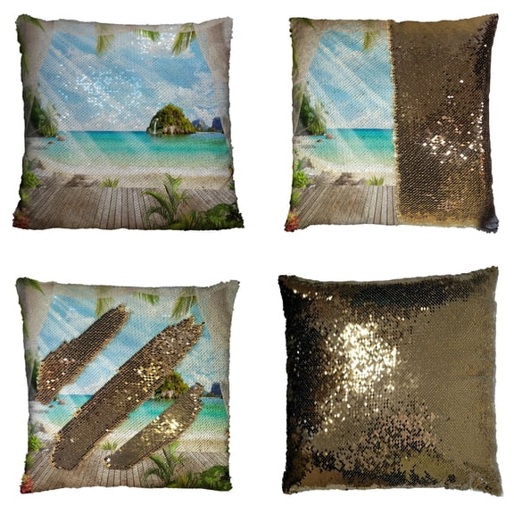 GCKG Tropical Seascape Pillowcase, Ocean Island Paradise Beach with the Palm Tree Reversible Mermaid Sequin Pillow Case Home Decor Cushion Cover 18x18 inches