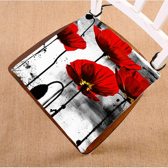GCKG Vintage Red Poppy Flower Ink Painting Art Chair Pad Seat Cushion Chair Cushion Floor Cushion with Breathable Memory Inner Cushion and Ties Two Sides Printing 18x18inch