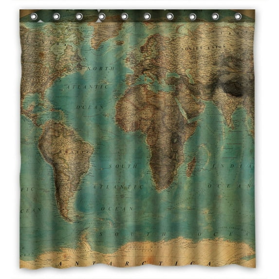 GCKG Vintage World Map Pattern Bathroom Shower Curtain, Shower Rings Included 100% Polyester Waterproof Shower Curtain 66x72 Inches