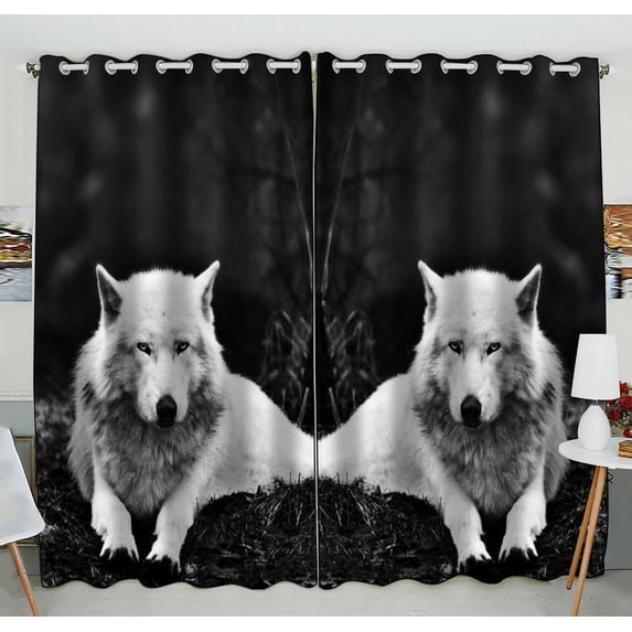 GCKG Wolves White Wolf Animals Window Curtain Kitchen Curtain Size 52(W) x 84 inches (Two Piece)