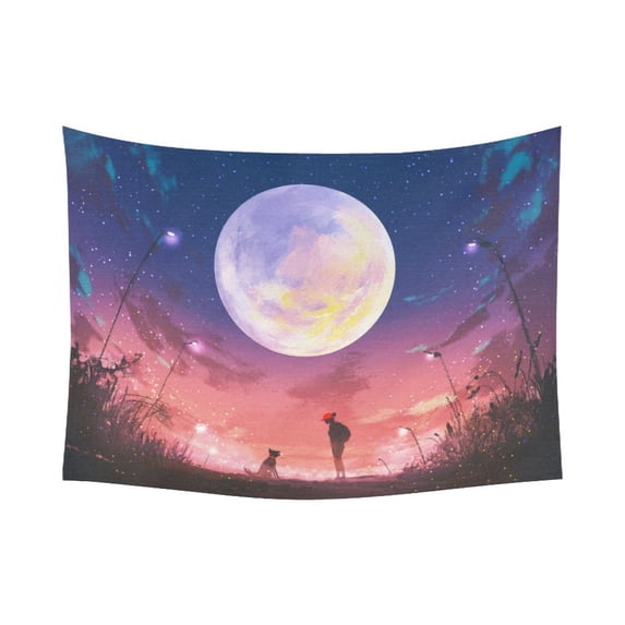 GCKG Woman and Dog at Beautiful Night with Huge Full Moon Tapestry Horizontal Wall Hanging Alen Landscape Wall Decor Art for Living Room Bedroom Dorm Cotton Linen Decoration 80 x 60 Inches