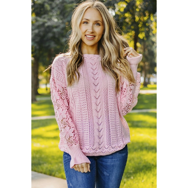 GCKG Women s Pink Crochet Lace Pointelle Knit Sweater US 12 14 L Walmart