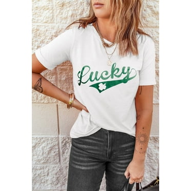 GCKG Women's White Letter Print Crew Neck Short Sleeve Lucky Tee (US 8-10)M