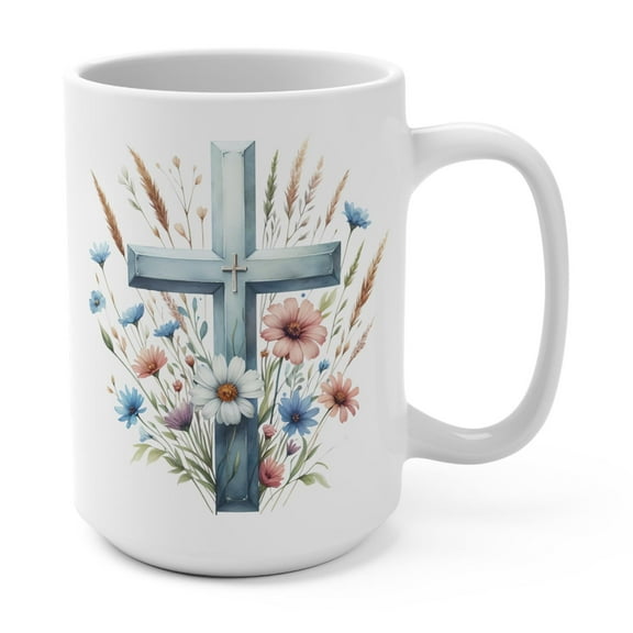 GCO Christian Mug For Women Floral Cross Coffee Mug 15oz Ceramic White Cup