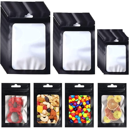 GCOA 100 Pieces Resealable Mylar Ziplock Food Storage Bags,Smell Proof Bags Resealable Mylar Bags Foil Pouch Bag Flat Ziplock Bag (Black, 3 Sizes)