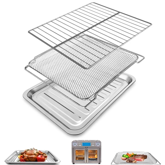 GCQ 3-Piece Set Air Fryer Accessories for Dual Zone 25 QT Air Fryer Convection Toaster Oven, Including Non-stick Steel Mesh Basket Rack Grill Pan Replacement Parts, Dishwasher Safe