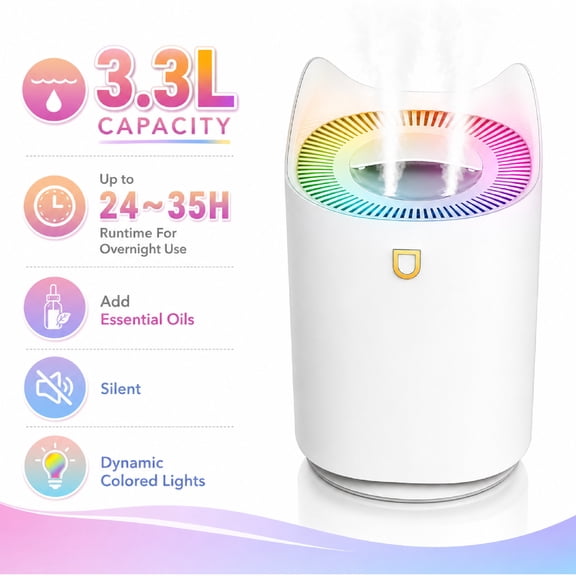 3.3L Top-fill Cool Mist Humidifier For Bedroom with Essential Oil Function, Super Quiet Air Humidifiers with Night Light - Perfect for Bedroom, Office, Nursery, Plant
