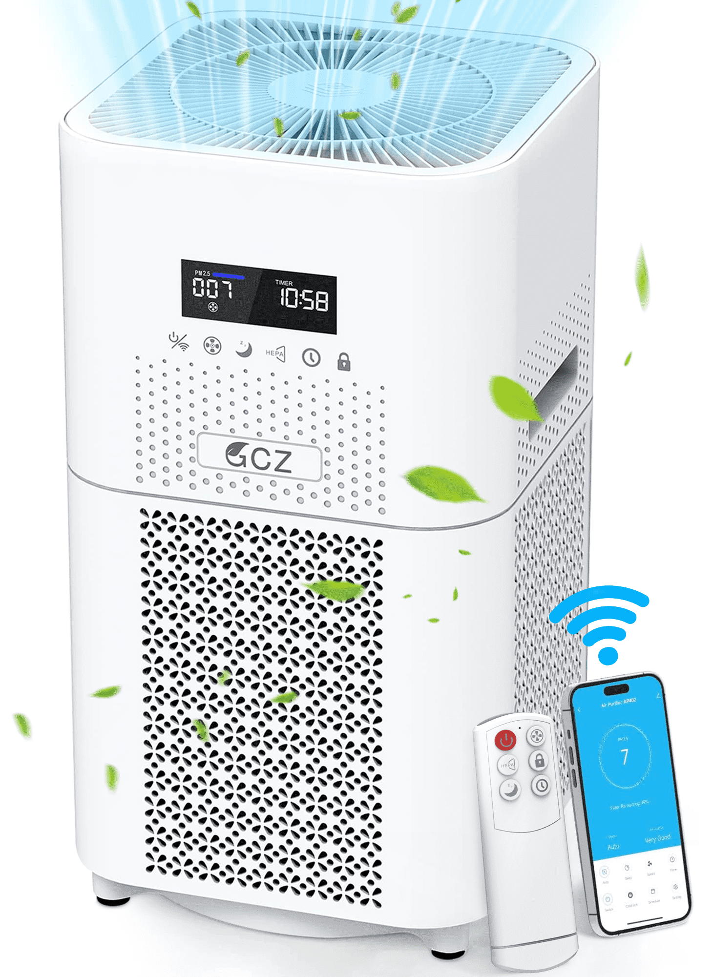 GCZ Air Purifier for Home Large Rooms, up to 2500 Sq. ft Smart WiFi Air Cleaner, Air Purifiers for Allergies and Asthma, H13 True HEPA Filter for Pet Hair, Allergens, Smokers, Odors, Dust, Pollen