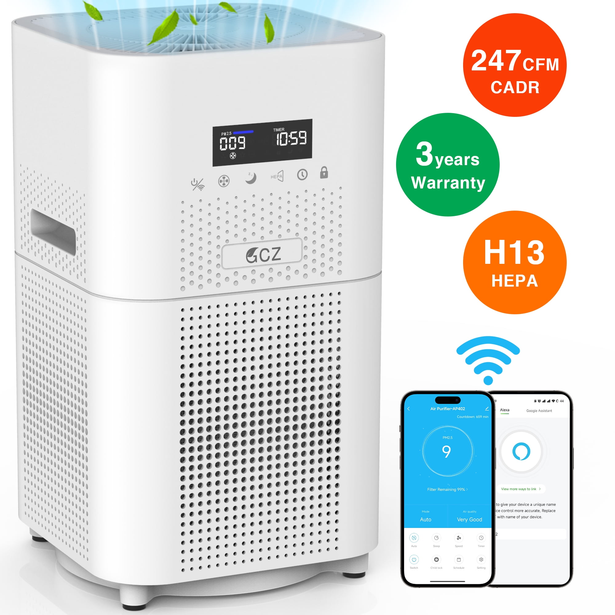Air Purifier For 900 Sq Ft GCZ Air Purifier for Large Rooms, 1850 sq. ft Smart WiFi Air Cleaner