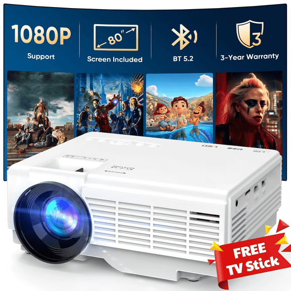 GCZ Mini Projector with Screen, Bluetooth 5.2, FHD 1080P Supported Portable Outdoor Projector for Home, Compatible with TV Stick/Phone/HDMI