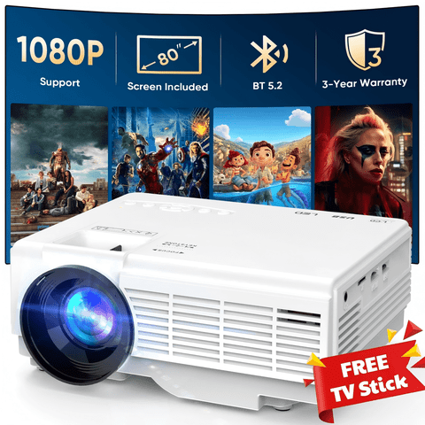 GCZ Mini Projector with Screen, Bluetooth 5.2, FHD 1080P Supported Portable Outdoor Projector for Home, Compatible with TV Stick/Phone/HDMI