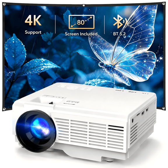 GCZ Mini Projector with Screen, Bluetooth 5.2, FHD 1080P 4K Supported Portable Outdoor Projector for Home, Compatible with TV Stick/Phone/HDMI