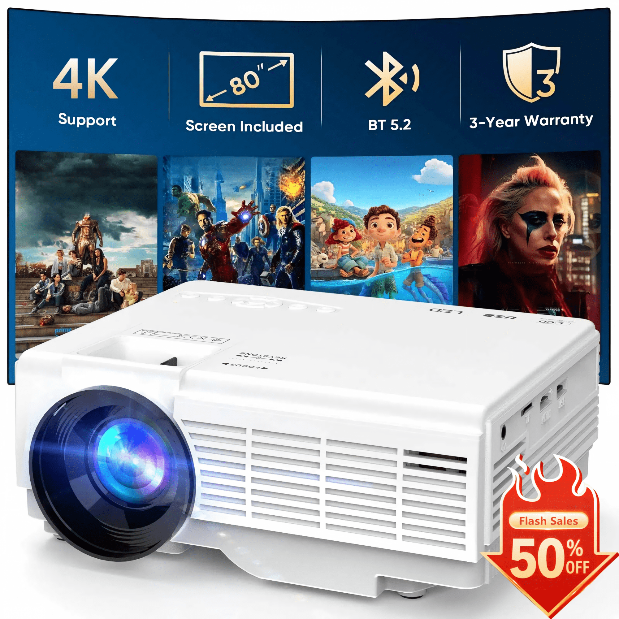 GCZ Mini Projector with Screen, Bluetooth 5.2, Support FHD 1080P