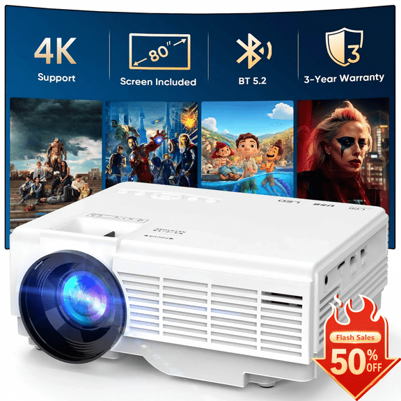 GCZ Mini Projector with Screen, Bluetooth 5.2, FHD 1080P 4K Supported Portable Outdoor Projector for Home, Compatible with TV Stick/Phone/HDMI