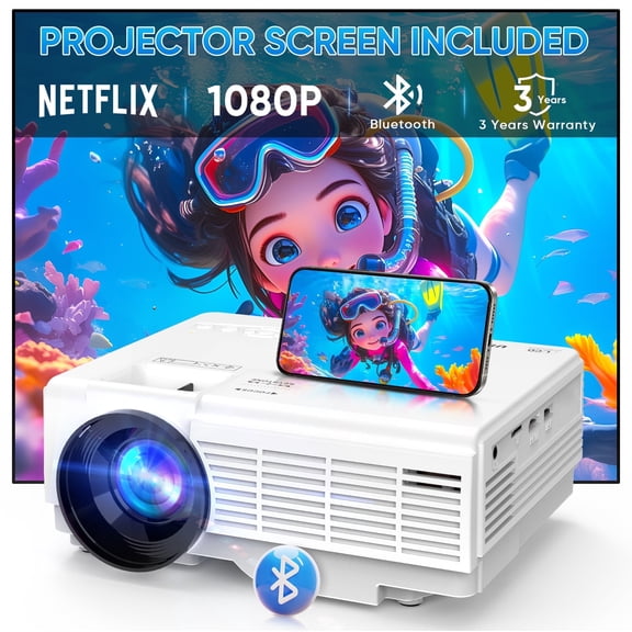 GCZ Bluetooth Projector, Mini Projector with Projector Screen, Full HD 1080P Portable Video Projector, Compatible with HDMI/TV Stick, Indoor & Outdoor Use