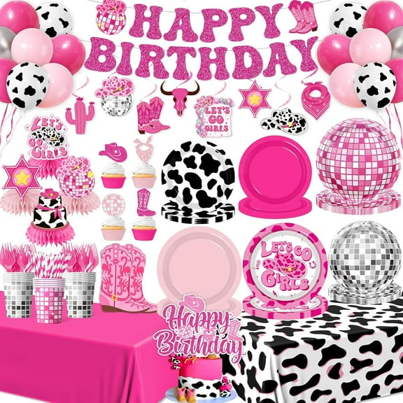 GCowgirl Birthday Party Decorations, 222Pcs Disco Cowgirl Party Decorations Plates Napkins Cups Banner Hanging Swirl Tablecloth Balloons Cake Topper for Western Cowgirl Bachelorette Party Decorations