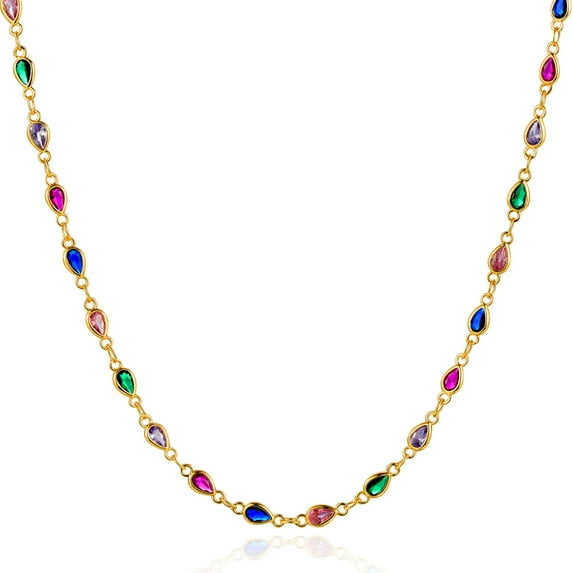 GDCOIN Dainty Gold Chain Choker Necklace 14K Gold Plated Waterdrop Shape Multicolor Zirconium Choker-Dense Colorful Link for Women Jewelry Gift