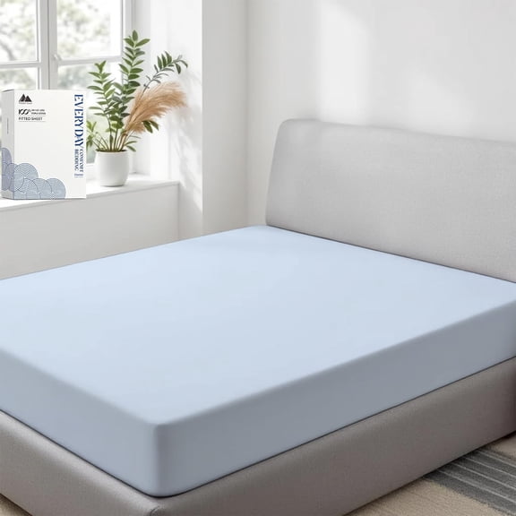 GDDPOD-100% Organic Cotton Percale Weave Fitted Sheet Twin Size, Light Blue, 1 Deep Pocket Twin Fitted Sheet, Fits Mattress Upto 16" Crisp and Cool Bed Linen, Luxury GOTS Certified Sheets