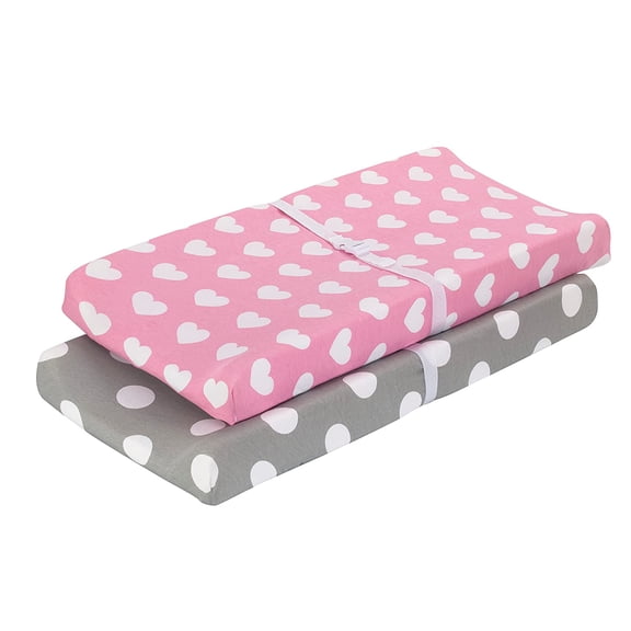 GDDPOD-2 Pack Baby Changing Pad Covers for Baby Girl Fits Most Changing Table Pads; 100% Cotton Jersey Knit, Breathable, Soft Changing Table Topper Gray, White Dots and Pink. White Hearts