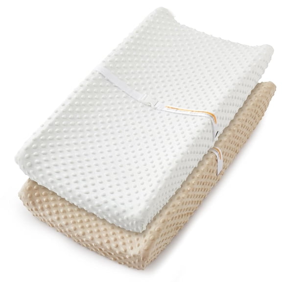 GDDPOD-2 Pack Changing Pad Cover, White + Beige Changing Table Sheets, Ultra Soft Fleece Minky Dot Fabric, Breathable Comfortable Diaper Pad Cover for Girls and Boys, Machine Washable