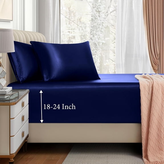 GDDPOD-3pcs Extra Deep Pocket Satin Fitted Sheet Set Full Bed Set, Navy Blue Bottom Sheet Fit 18-24 Inch Deep Pocket Mattress, Silky Bedding Set Soft & Ultra Deep Fitted Sheet + 2 Pillowcase