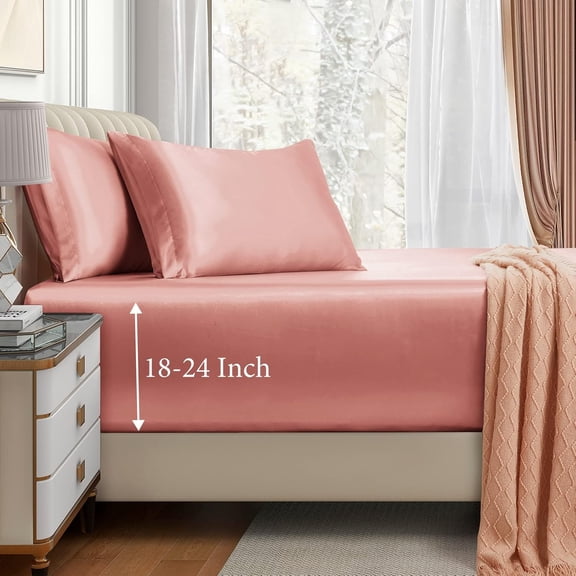 GDDPOD-3pcs Extra Deep Pocket Satin Fitted Sheet Set Full Bed Set, Rose Gold Bottom Sheet Fit 18-24 Inch Deep Pocket Mattress, Silky Bedding Set Soft & Ultra Deep Fitted Sheet & 2 Pillowcase