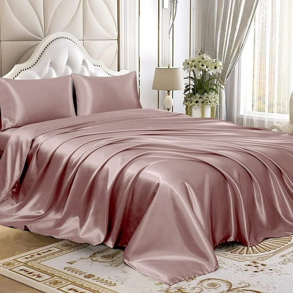 GDDPOD-3pcs Satin Sheets Set Luxury Silky Satin Bedding Set with Deep Pocket, 1 Fitted Sheet + 1 Flat Sheet + 1 Pillowcase (Twin Size, Rose Gold)