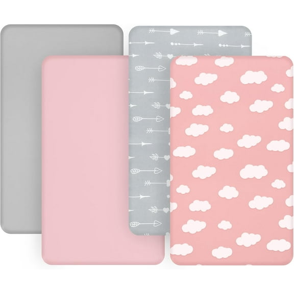GDDPOD-4-Pack Fitted Pack and Play Sheets for Boys and Girls - Breathable, Soft Microfiber Baby Sheets in Grey and Pink