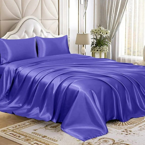 GDDPOD-4pcs Satin Sheets Set Luxury Silky Satin Bedding Set with Deep Pocket, 1 Fitted Sheet + 1 Flat Sheet + 2 Pillowcases (Full Size, Periwinkle Blue)
