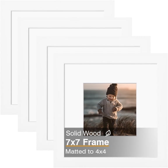 GDDPOD-7x7 Picture Frame, White Square Solid Wood Frames for Pictures 4x4 with Mat or 7x7 without Mat, Wall and Tabletop Display Photo Frames White 4 Pack